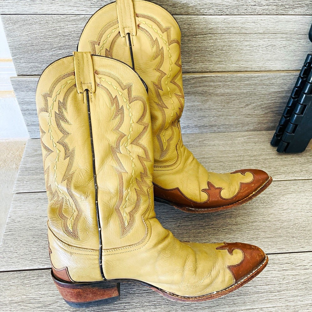 Vintage Dan Post 2127 Western Cowboy Boots Two Tone Wingtip Leather Men's 7.5 D